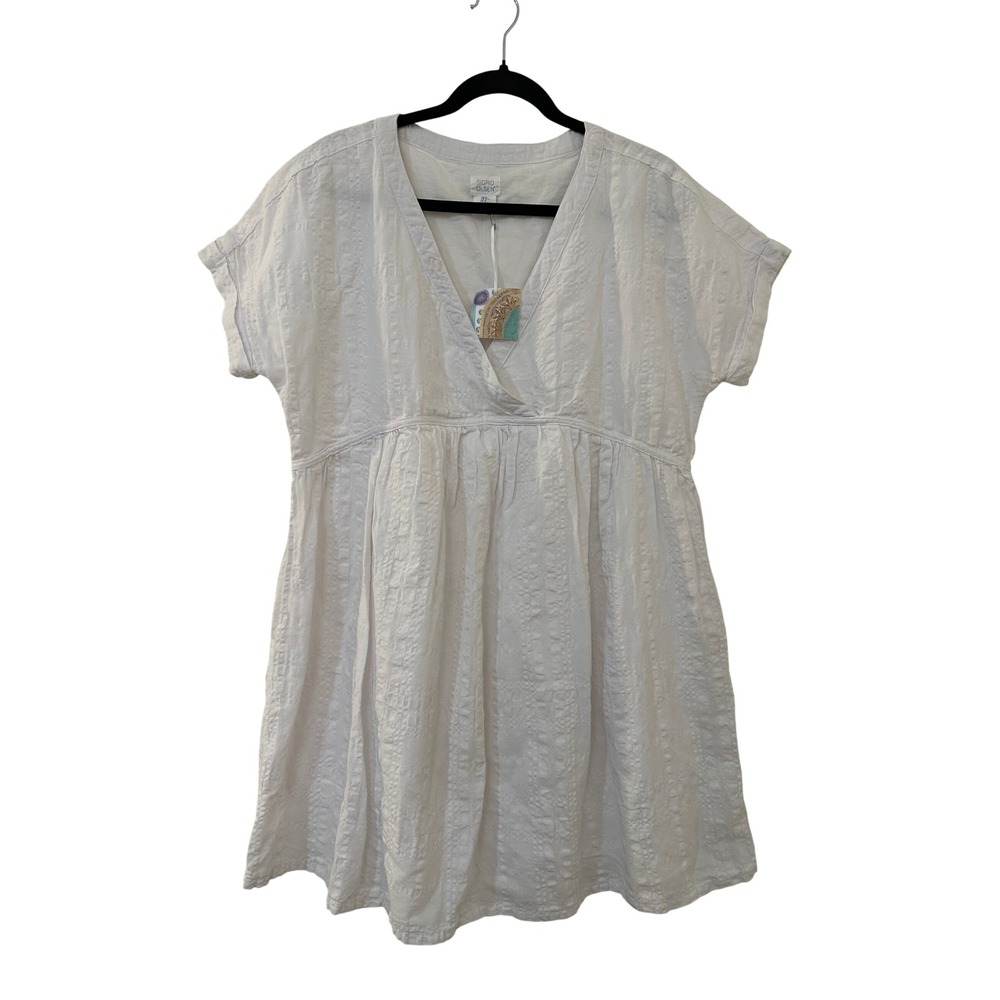 Sigrid Olsen White Linen Blend V-Neck Babydoll Dress Textured Coastal Size M